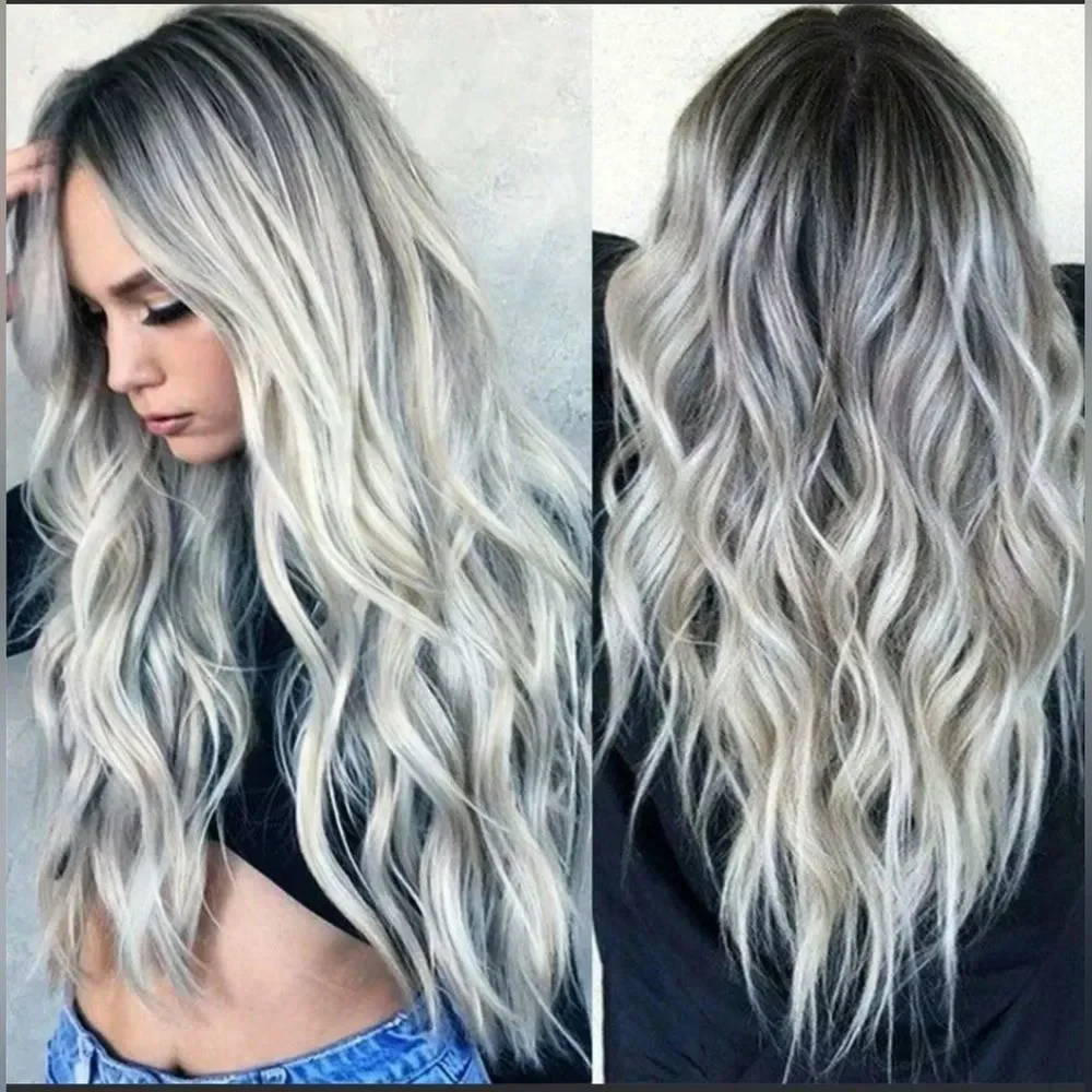 Long silver gray heat resistant like real hair wig. Gorgeous. 25.5"